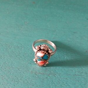 Turquoise and Coral Silver Ring